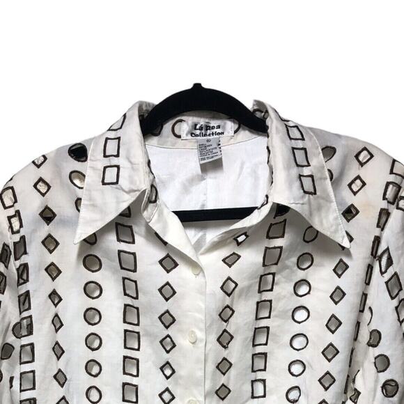 La Rea Collection White Brown Shoulders Pads Shirt Womens top 100% Linen XLarge - Picture 2 of 12